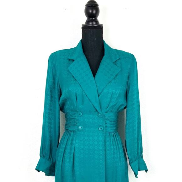 Vintage 80s Teal Silk Dress Wide Wrap Waist Shoulder Pads - Picture 2 of 11